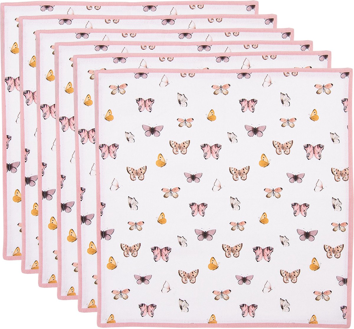 Clayre & Eef Servetten Katoen Set van 6 40x40 cm Beige Roze Katoen Vlinders