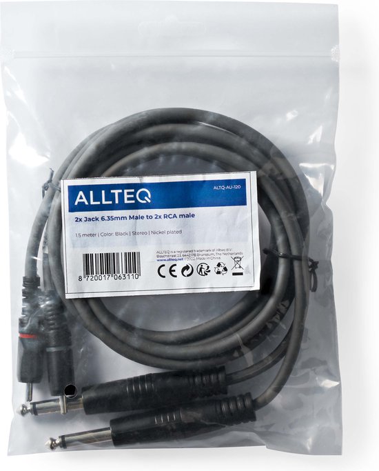 Jack naar tulp kabel - Mono - 6.3 mm - 1.5 meter - Zwart - Allteq - Allteq