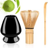 Winkrs - Service à Thee Matcha avec fouet en bambou et cuillère à café avec un support en céramique noire - Matcha Beater/Whisk