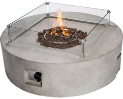 Teamson Home Ronde Beton Propaan Gas Vuurtafel - Vuurkorf Buiten - Geen Rook - Terrashaard - Met Windscherm, Lavasten & Omslag