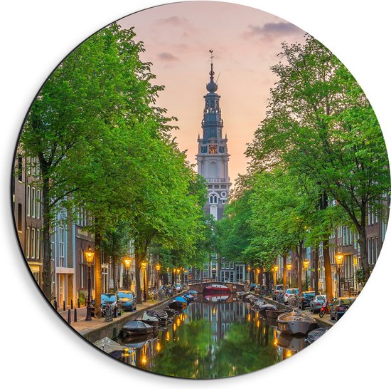 Dibond Muurcirkel - Gracht in De Straten van Amsterdam - 40x40 cm Foto op Aluminium Muurcirkel (met ophangsysteem)