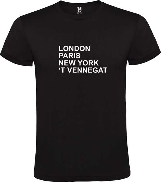 Zwart T-Shirt met London,Paris, New York , ’t Vennegat tekst Wit Size XXXXL