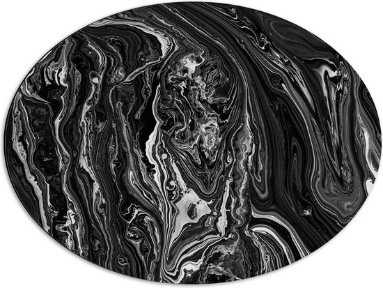 Dibond Ovaal - Print van Marmer van Zwart-Wit - 68x51 cm Foto op Ovaal (Met Ophangsysteem)
