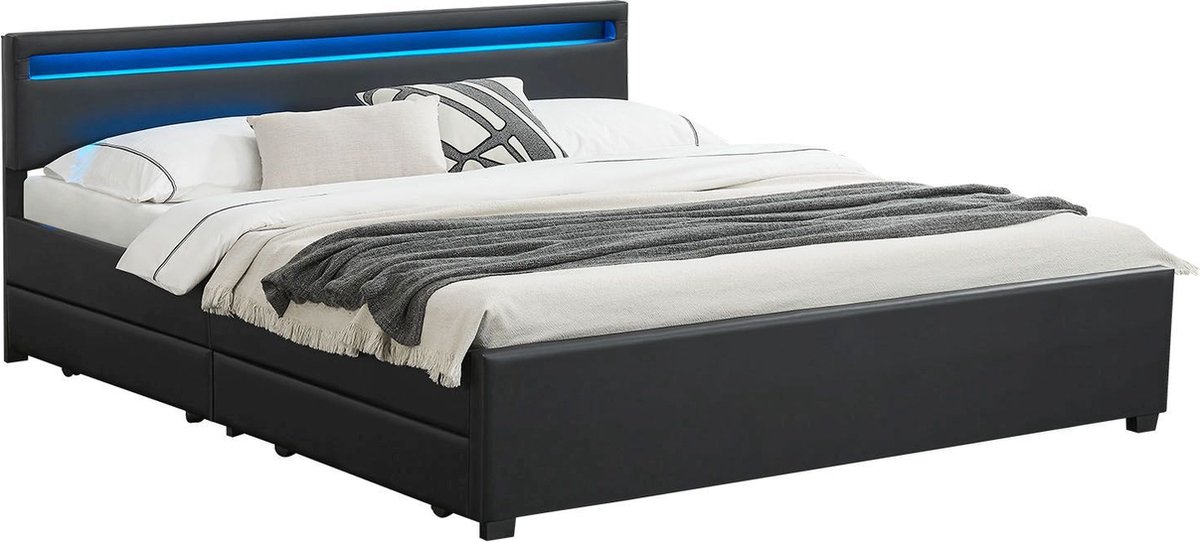 Gestoffeerd bed Lyon - 180 x 200 cm - Zwart - LED Verlichting & Bedlades