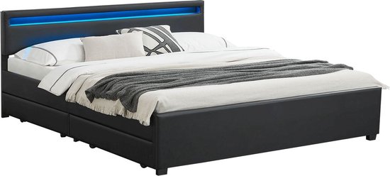 Gestoffeerd bed Lyon - 180 x 200 cm - Zwart - LED Verlichting & Bedlades