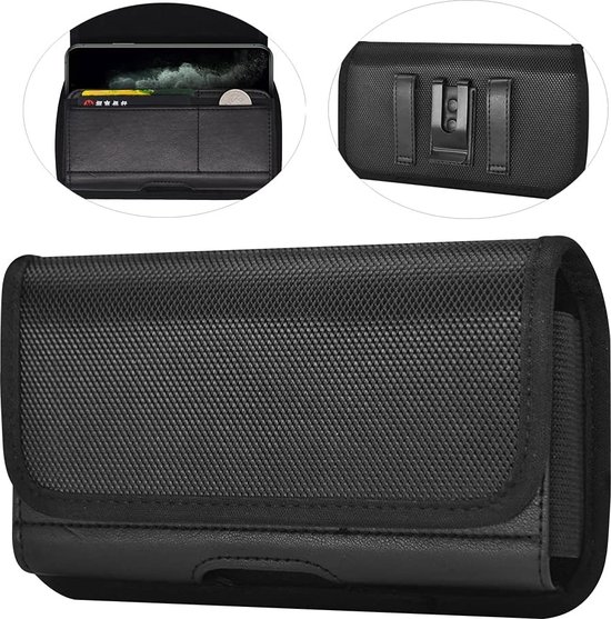 Holster de téléphone noir avec fentes pour cartes de crédit, fermeture magnétique et clip arrière.
