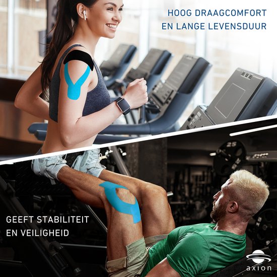 Collage: Vrouw op loopband met blauwe en zwarte tape, man doet leg press met blauwe tape.