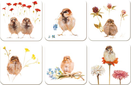 Bekking & Blitz – Onderzetters – 6 stuks – Dieren – Vogels – Mussen – Angelique Weijers