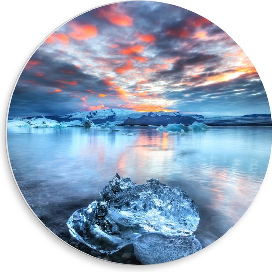 WallClassics - Cercle Mural en Plaque de Mousse PVC - Ciel Multicolore sur Paysage d'Islande avec Rochers - 50x50 cm Photo sur Cercle Mural (avec système d'accrochage)