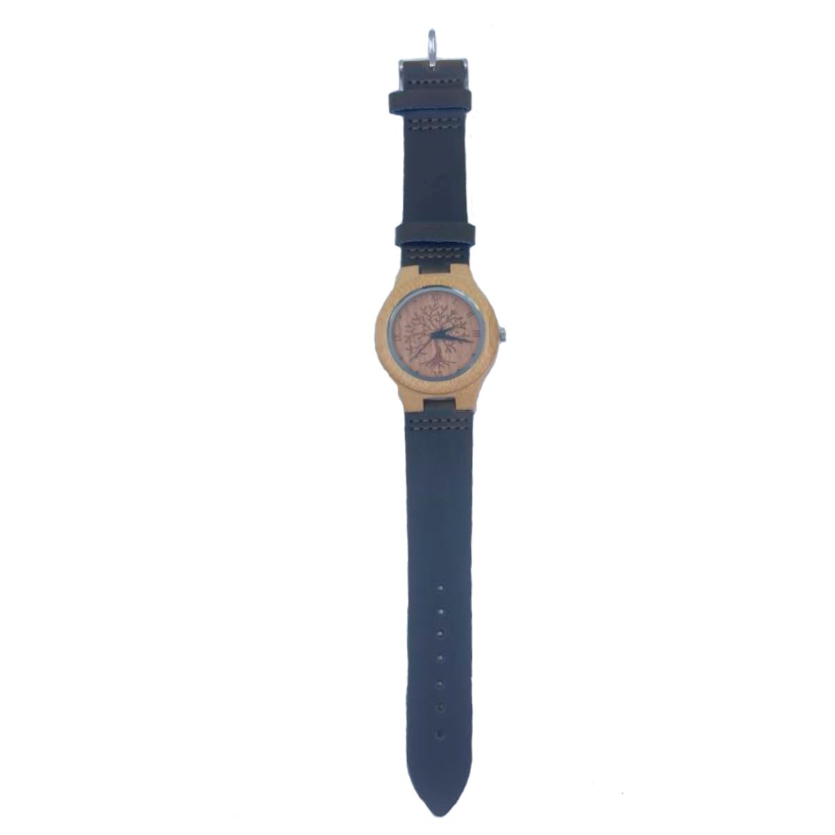 Houten Horloge Bamboe met leren band - Voor Heren - Met gesneden boombeeld - Donkerbruin - 44mm