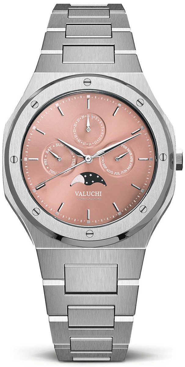 Valuchi Heren Lunar Calendar Roestvrijstaal Automatisch Horloge - Zilver Zalm