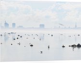 WallClassics - PVC Schuimplaat - Mist bij Skyline achter Meer met Vogels - 100x75 cm Foto op PVC Schuimplaat (Met Ophangsysteem)