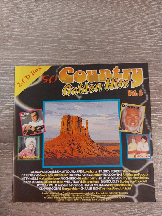 De cover van de '50 Country Golden Hits Vol. 2' 2-CD box, met een afbeelding van Monument Valley.
