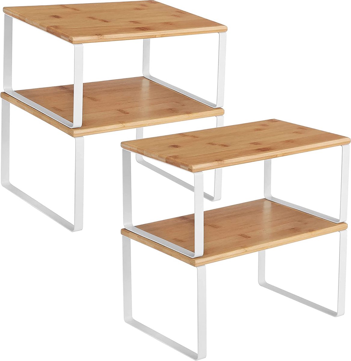 Keukenorganizer, 4 keukenplanken, kastopslag, stapelbaar, uitbreidbaar, metaal en bamboe, wit-natuurlijke kleuren HMCS010N01