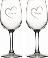 Gegraveerde witte wijnglas 26cl Mama met hartje & Papa met hartje