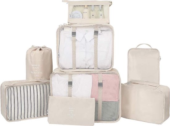 Reiskledingtassenset, 8-delig, reistas in koffer, bagage, organizer, compressietassen, kofferorganizer met schoenentas