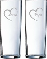 Gegraveerde longdrinkglas 31cl Mama met hartje & Papa met hartje