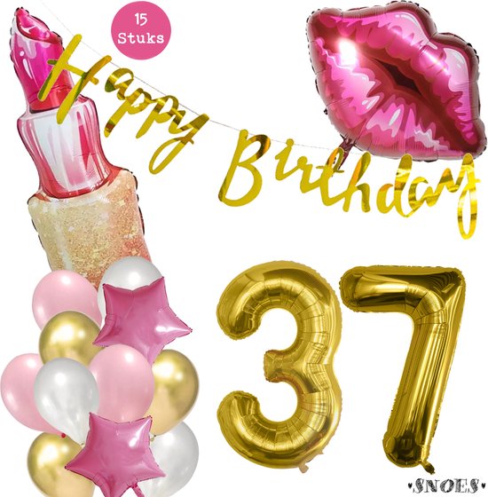 Snoes Beauty Helium Ballonnen Set 37 Jaar - Roze Folieballonnen - Slinger Happy Birthday Goud
