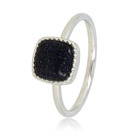 *My Bendel - Zilverkleurige ring met vierkanten Blue Sandstone edelsteen - Bijzondere zegelring met sprankelende Blue Sandstone edelsteen - Met luxe cadeauverpakking