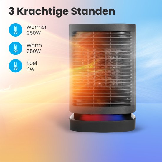 Zwarte verwarming met 3 standen: Warmer 950W, Warm 550W en Koel 4W. Oranje gloed met warme lucht.