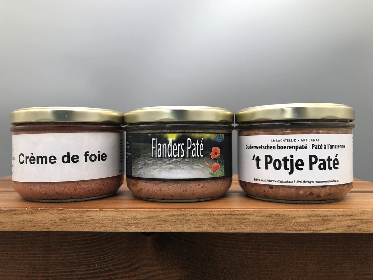 Artisanale patés - De Veurn' Ambachtse - set van 3 x 180g - Ouderwetschen Boerenpaté (Potje paté) - Flanders Paté - Crème de Foie (crèmepaté )