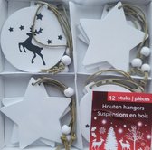 12 houten Kerstboomhangers wit - 6 sterren en 6 rondjes met hertje - kersthangers