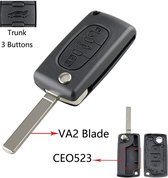 Peugeot - klapsleutel behuizing - 3 knoppen - middelste knop achterklep bediening - VA2 sleutelbaard zonder zijgroef - CE0523 zonder batterijhouder in de achterdeksel - batterijhouder vast op de printplaat