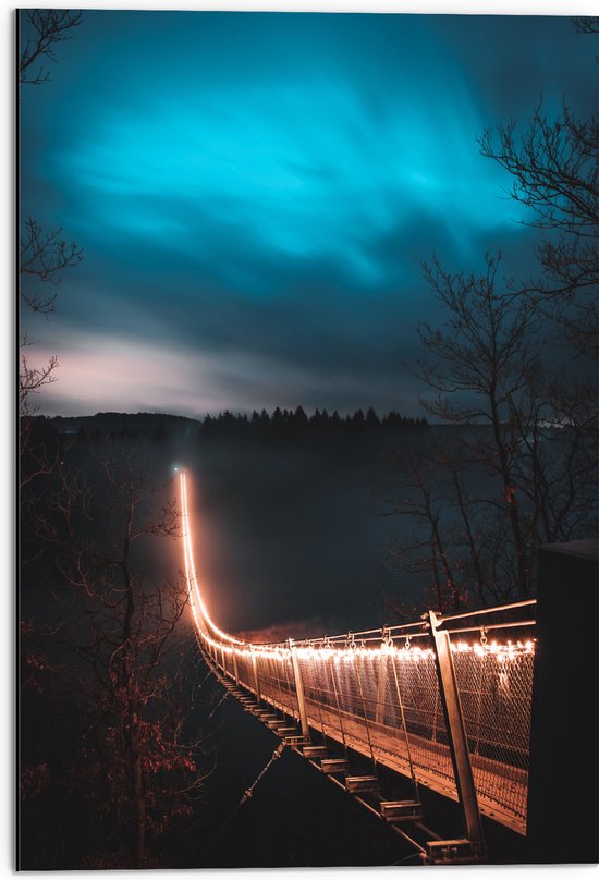 Dibond - Verlichte Brug in Nacht - 50x75 cm Foto op Aluminium (Met Ophangsysteem)