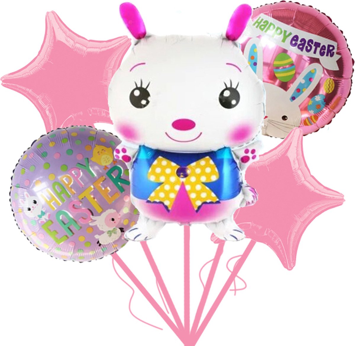 Loha-party®Paasdecoratie Ballon-vrolijk pasen-Feestartikelen-konijntje met gele vlinderdas-Kuikentje Folie Ballon-Schaarp Folie Ballon-Easter-Lente -Happy Easter-Konijn-Roze Folie Ster-Feestpakket-Versiering-Decoratie