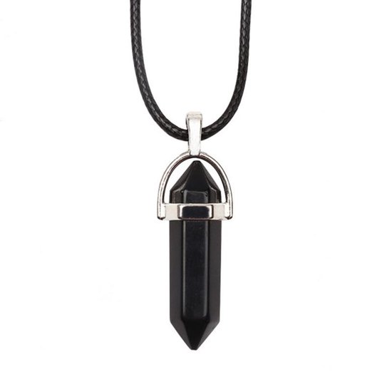 Bixorp Gems Pendentif Onyx Noir sur Cordon Simili Cuir - Collier de Pierres Précieuses - Barre de Pierres Précieuses avec Acier Inoxydable - Cadeau pour la Saint Valentin - Collier Femme 45/50cm
