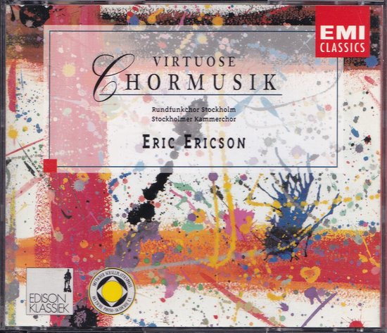 CD-hoes 'Virtuose Chormusik' met abstracte, kleurrijke verfspetters en tekst.