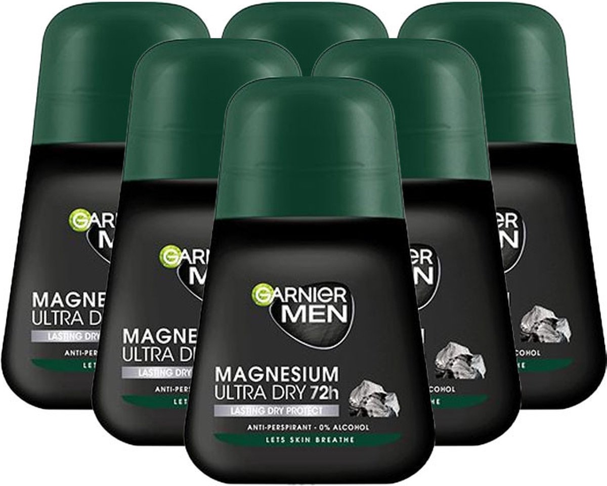 Garnier Men Magnesium Ultra Dry Deodorant Man - 6 x 50ml - 72h Extra Droge Oksels - 0% Ethyl Alcohol - Deodorant Man Voordeelverpakking
