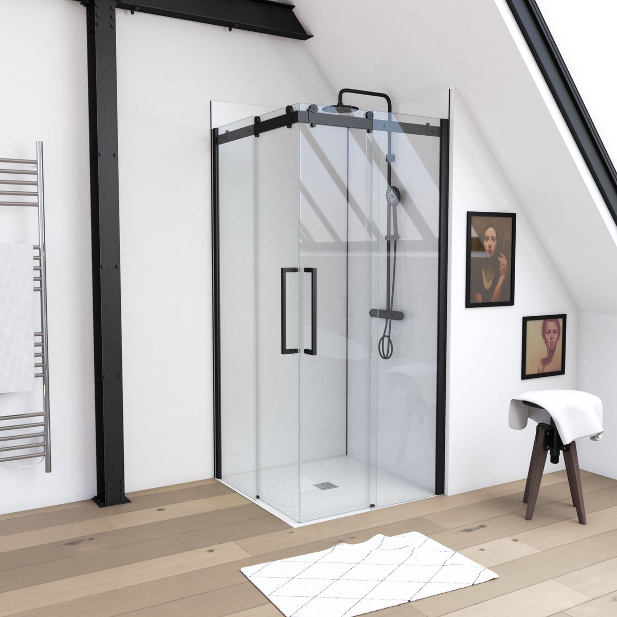 Porte de douche coulissante type industriel ouverture d'angle profiles noir mat - verre trempe 8mm