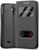 Cadorabo Hoesje geschikt voor Samsung Galaxy S4 MINI in KOMEET ZWART - Beschermhoes met magnetische sluiting, standfunctie en 2 kijkvensters Book Case Cover Etui