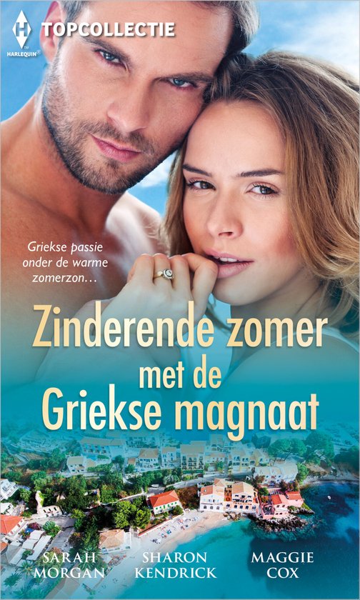 Een man en vrouw kijken elkaar aan, met een Grieks dorp en de zee op de achtergrond. 'Zinderende zomer met de Griekse magnaat'.