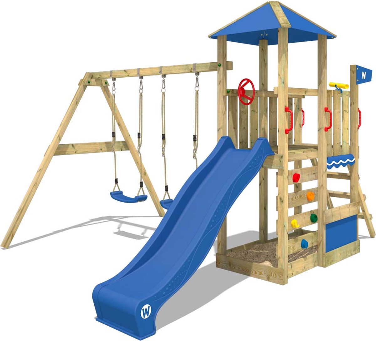 WICKEY speeltoestel klimtoestel Smart Savana met schommel & blauwe glijbaan outdoor kinderspeeltoestel met zandbak ladder & speelaccessoires voor in de tuin