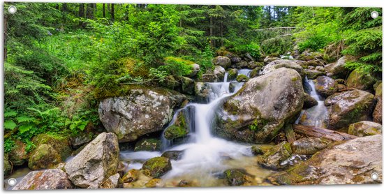 Tuinposter – Mooie Waterval tussen Rotsen in het Bos - 100x50 cm Foto op Tuinposter (wanddecoratie voor buiten en binnen)