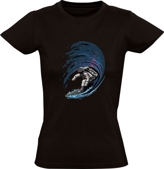 Foto: Astronaut surfen dames t shirt ruimte planeet zee ruimtevaart space sterren