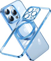Hoesje Geschikt voor iPhone 14 Pro Max – Met Magnetisch Ring Magesafe compatibel backcover – Lens beschermer – Transparant / Blauw