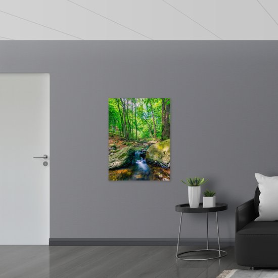Een poster van een bos met een stromend beekje tussen stenen, in groen en bruin.