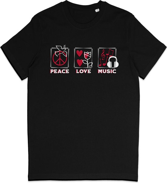 T Shirt - Vrede Liefde Muziek - Positief - Zwart - M