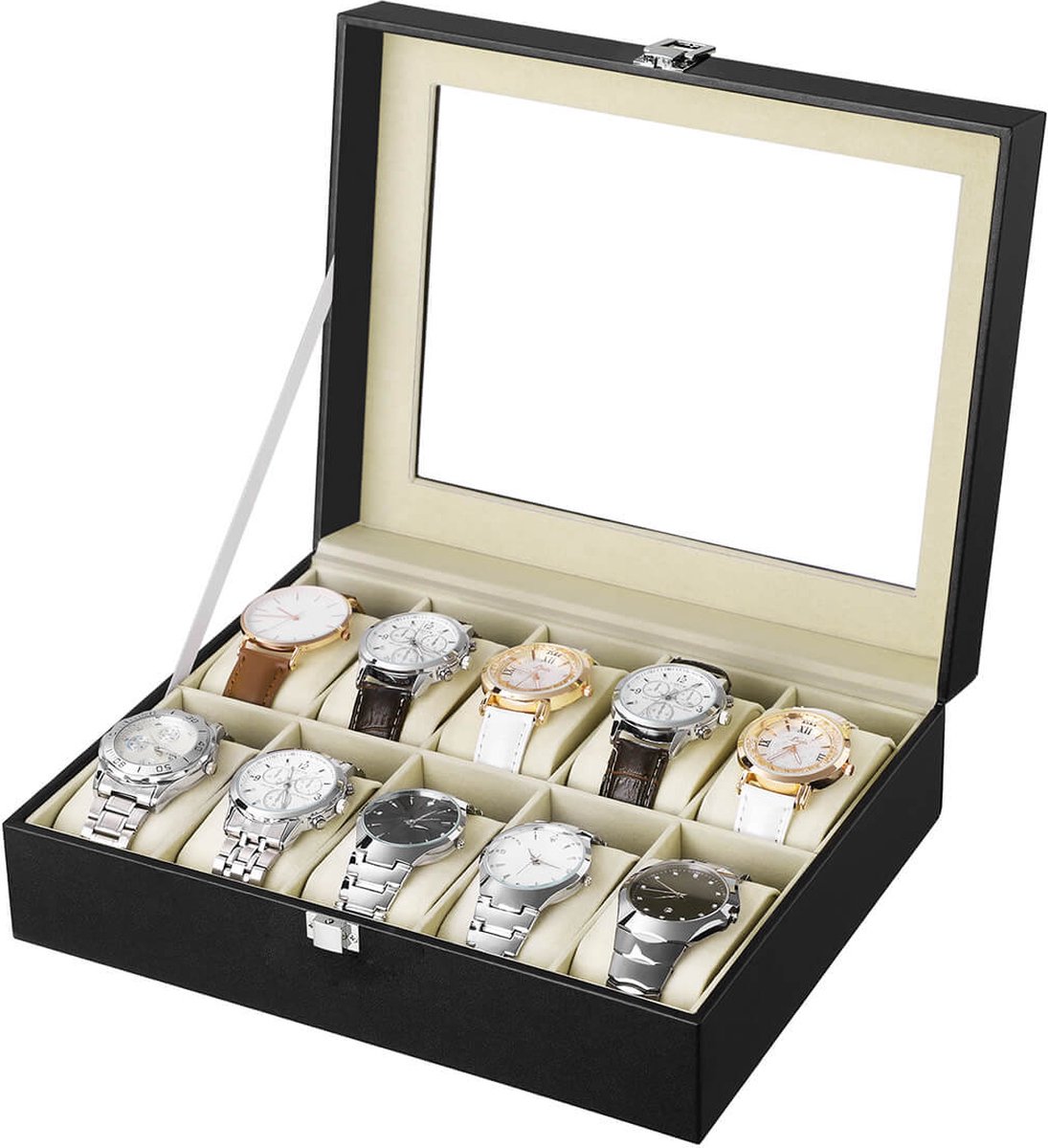 OFFCUP Horlogebox Met 6 Sleuven, Horlogekast Met Glazen Deksel, Pu Leren Horloge Display Opbergdoos Met Verwijderbare Horlogekussentjes, Sieraden Armbanden Bangles Opbergruimte (Zwart