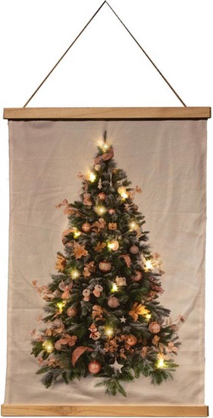 Kerstverlichting - B.o. Fluweel Poster Kerstboom Roze Deco 52x70cm / 15led Warm 2xaa