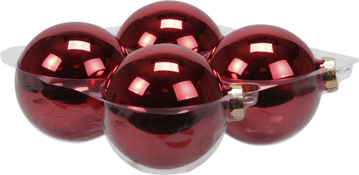 Rood Glans Kerstballen - Cb. 4 Glassballs/cap Red Shiny 100 Mm