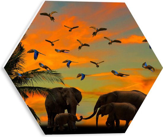 WallClassics - PVC Schuimplaat Hexagon - Olifanten bij Palmbomen met Tropische Vogels - 30x26.1 cm Foto op Hexagon (Met Ophangsysteem)