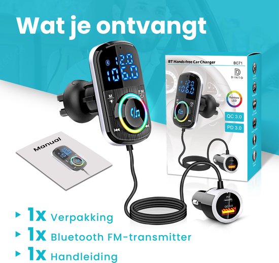 Emetteur FM Bluetooth DINTO® BC71 - Chargeur Voiture - Kit Voiture - Mains Libres - USB 3.0 - MP3 - Carte SD - Chargeur Rapide - Récepteur Audio Bluetooth