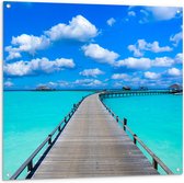 Tuinposter – Tropisch Resort met Steigers over Helder Blauwe Oceaan - 100x100 cm Foto op Tuinposter (wanddecoratie voor buiten en binnen)