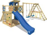 WICKEY speeltoestel klimtoestel Smart Surf met schommel & blauwe glijbaan, outdoor klimtoren voor kinderen met zandbak, ladder & speelaccessoires voor de tuin