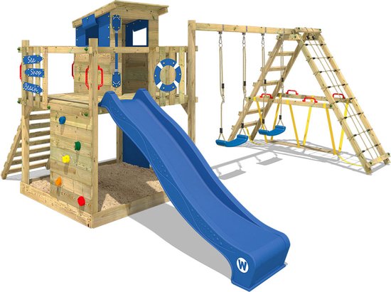 Wickey Smart Surf Équipement de jeu - Balançoire double avec Toboggan et Construction d'escalade - Petite maison de jeu & Poutre d'équilibre - 404 x 457 x 240 cm - Blauw