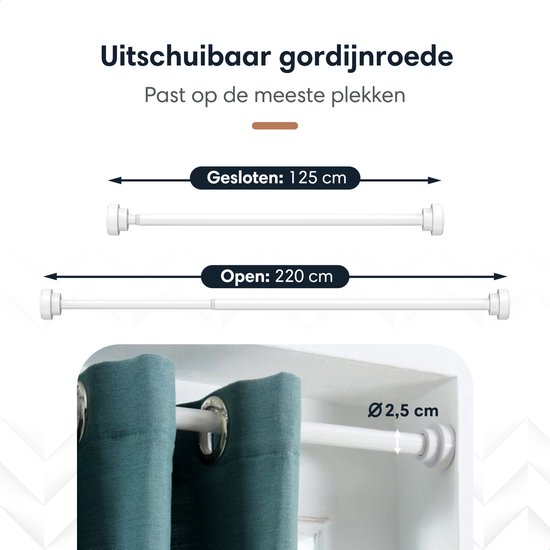 Uitschuifbare witte gordijnroede, gesloten 125 cm, open 220 cm. Toont roede bij turquoise gordijnen.